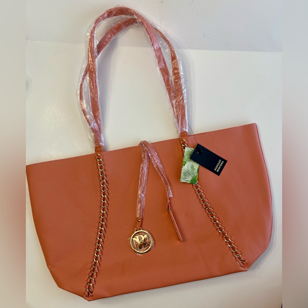 Badgley Mischka Peach Tote with Gold Chain Details